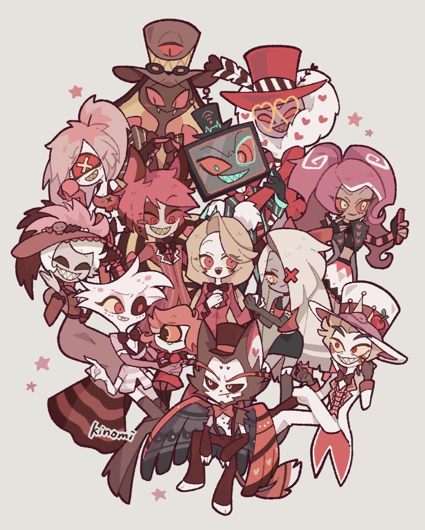 6+boys 6+girls :&gt; :d alastor_(hazbin_hotel) angel_dust animal_ears animal_nose antlers apple arm_hug artist_name black_bow black_bowtie black_choker black_eyes black_footwear black_gloves black_hair black_headwear black_jacket black_pants black_sclera black_shirt black_skin black_skirt black_wings blonde_hair blue_eyes blue_teeth blush body_fur bomb boots bow bowtie brown_dress brown_fur brown_hair cat_boy cat_ears cellphone charlie_morningstar cherri_bomb choker circle_facial_mark closed_mouth coat coattails colored_inner_hair colored_sclera colored_skin colored_teeth commentary crop_top cyclops dark-skinned_male dark_skin deer_antlers deer_boy deer_ears dress earrings elbow_gloves english_commentary everyone explosive extra_arms eyepatch facial_mark fang fang_out food freckles fruit full_body fur-tipped_tail fur-trimmed_coat fur-trimmed_sleeves fur_trim furry furry_male gloves goggles goggles_on_headwear grey_background grey_headwear grey_skin grey_thighhighs grin hair_over_one_eye half-closed_eyes hand_on_own_chest hand_up hat hat_feather hazbin_hotel heart heart-shaped_eyewear high_heel_boots high_heels holding holding_bomb holding_hands holding_phone horns husk_(hazbin_hotel) index_finger_raised invisible_chair jacket jewelry kinomi_desu long_dress long_hair long_sleeves looking_at_another looking_at_viewer lucifer_morningstar_(hazbin_hotel) mini_person minigirl mismatched_sclera monocle monster_boy monster_girl multicolored_hair multiple_boys multiple_girls niffty_(hazbin_hotel) object_head one-eyed open_mouth pants phone pink-tinted_eyewear pink_eyes pink_gloves pink_hair pink_jacket pink_sclera red_coat red_dress red_eyes red_hair red_headwear red_jacket red_sclera red_shirt red_tank_top red_wings rosie_(hazbin_hotel) selfie sharp_teeth shirt short_hair short_sleeves simple_background sir_pentious sitting size_difference skirt skull_earrings smartphone smile snake snake_boy solid_eye solid_eyes star_(symbol) striped_clothes striped_jacket sunglasses suspenders symbol-shaped_pupils tail tank_top teeth television thigh_boots thighhighs tiara tinted_eyewear top_hat traditional_bowtie twintails two-tone_fur two-tone_hair two-tone_wings vaggie valentino_(hazbin_hotel) velvette_(hazbin_hotel) vox_(hazbin_hotel) white_coat white_eyes white_fur white_gloves white_hair white_headwear white_shirt white_skin wi-fi_symbol wings x-shaped_pupils yellow-framed_eyewear yellow_eyes yellow_pupils yellow_sclera yellow_teeth