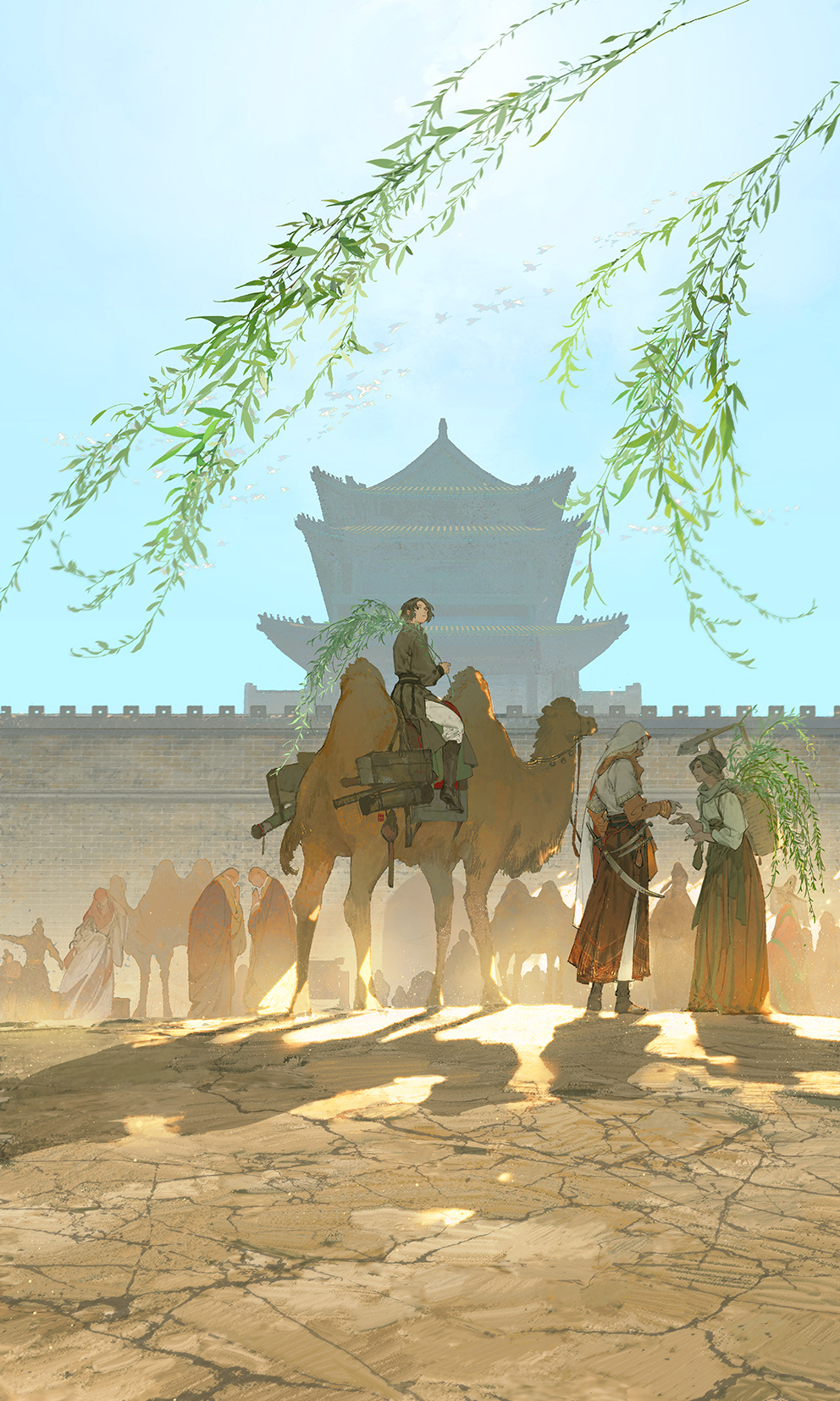 1girl 2boys 6+others architecture backpack_basket bactrian_camel boots branch brown_boots camel character_request chinese_commentary commentary_request day defensive_wall east_asian_architecture highres holding holding_branch ibuki_satsuki jianxia_qingyuan_(series) jianxia_qingyuan_online_3 leaf monk multiple_boys multiple_others outdoors pants riding riding_animal shadow sunlight sword weapon white_pants wide_shot willow