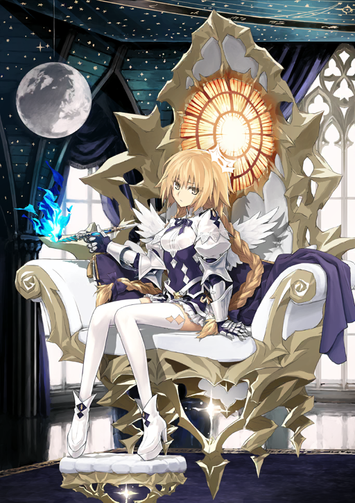 1girl angel_wings arm_support armchair armored_gloves blonde_hair blue_fire boots bow braid breasts chair closed_mouth covered_navel crown expressionless fate/grand_order fate_(series) feathered_wings fire footrest frilled_shorts frills full_body game_cg gloves hair_between_eyes hair_bow hand_up high_collar high_heel_boots high_heels holding jeanne_d&#039;arc_(fate) juliet_sleeves knees_together_feet_apart konoe_ototsugu long_hair long_sleeves looking_at_viewer low_twin_braids low_twintails metatron_jeanne_(fate) metatron_jeanne_(first_ascension)_(fate) mini_crown moon_(ornament) neck_ribbon object_request official_art platform_boots puffy_sleeves purple_bow purple_gloves purple_ribbon purple_shorts ribbon shirt short_shorts shorts sitting small_breasts solo stiletto_heels thighhighs third-party_source twin_braids twintails underbust variant_set very_long_hair white_boots white_shirt white_thighhighs white_wings wings yellow_eyes