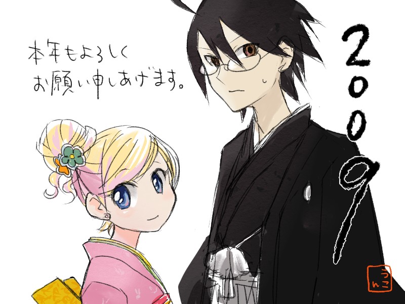 1boy 1girl ahoge alternate_eye_color artist_logo artist_name black_hair black_haori black_kimono blonde_hair blue_eyes brown_eyes commentary_request company_connection crossover dated from_side glasses grey_hakama hair_bun hair_ornament hakama haori itoshiki_nozomu japanese_clothes kimono logo montsuki occupation_connection pani_poni_dash! pink_kimono rebecca_miyamoto sayonara_zetsubou_sensei shaft_(company) sideways_glance simple_background smile sweatdrop translation_request ukon white_background