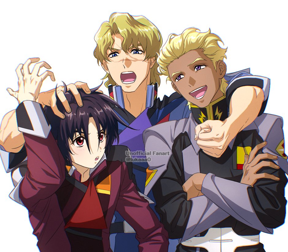 3boys black_hair blonde_hair blue_eyes brown_hair compass_uniform dark_skin dearka_elsman english_text gundam gundam_seed gundam_seed_freedom long_sleeves lukaaa military military_uniform mu_la_flaga multiple_boys open_mouth scar shinn_asuka shirt short_hair simple_background smile white_background zaft_uniform