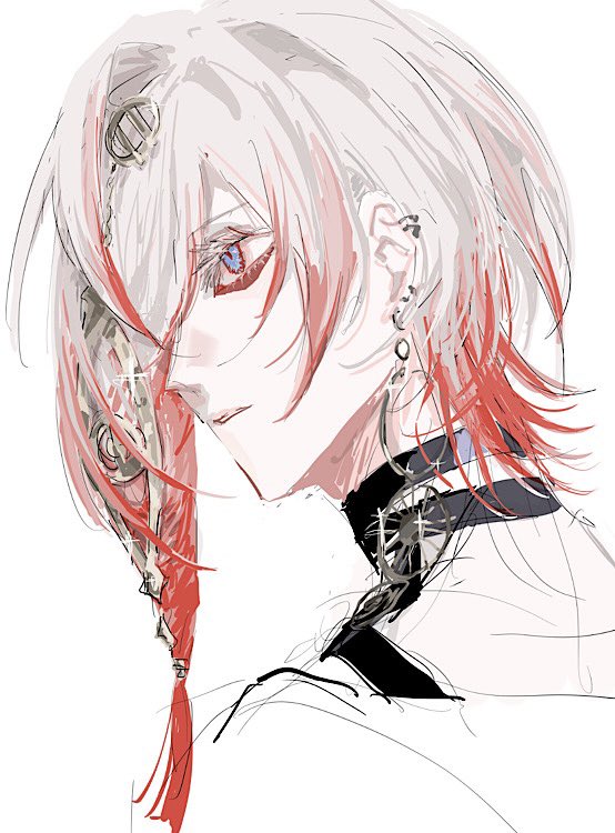 1boy blue_eyes earrings eyeshadow eyeshadow_under_eye fate/grand_order fate_(series) gradient_hair hair_ornament hair_over_one_eye jewelry karna_(fate) makeup male_focus medium_hair multicolored_hair multiple_earrings ngg_n pale_skin red_eyeshadow red_hair simple_background solo white_background white_hair