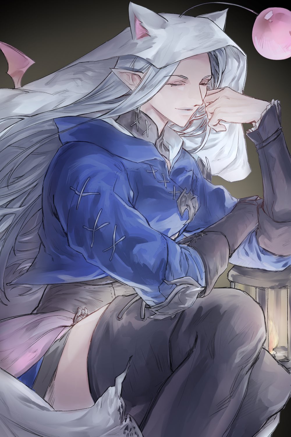 1girl animal_hood black_background black_boots blue_jacket boots closed_eyes collared_jacket commentary_request cropped_jacket elbow_gloves elezen elf feet_out_of_frame final_fantasy final_fantasy_xiv from_side gloves grey_hair grey_lips hand_on_own_arm highres hood jacket korean_commentary long_hair pointy_ears pom_pom_(clothes) ps_(postscript) simple_background sitting smile solo thigh_boots veil ysayle_dangoulain