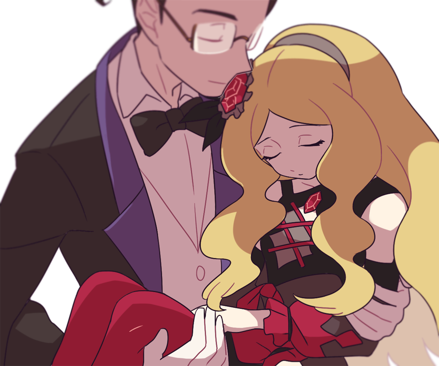 1boy 1girl bare_shoulders black_bow black_bowtie black_jacket blonde_hair bow bowtie caitlin_(fall_2021)_(pokemon) caitlin_(pokemon) carrying closed_eyes closed_mouth collared_shirt commentary darach_(pokemon) detached_sleeves eyelashes frontier_brain glasses hairband jacket long_hair nintendo official_alternate_costume pantyhose parted_bangs pokemon pokemon_dppt pokemon_masters_ex pokemon_platinum shirt short_hair sidelocks sleeping ssalbulre vest white_shirt white_vest
