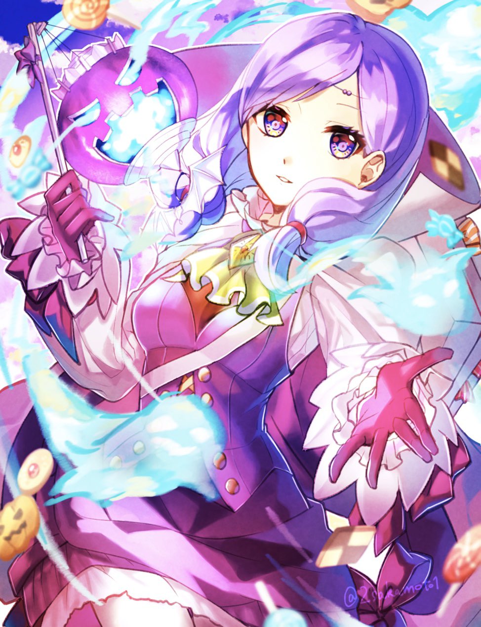 1girl bad_id bad_twitter_id dress female_focus fire_emblem fire_emblem:_path_of_radiance fire_emblem_heroes gloves halloween_costume highres holding ilyana_(fire_emblem) ilyana_(halloween)_(fire_emblem) long_sleeves nintendo parted_lips pink_gloves purple_hair solo tida_2112 twitter_username
