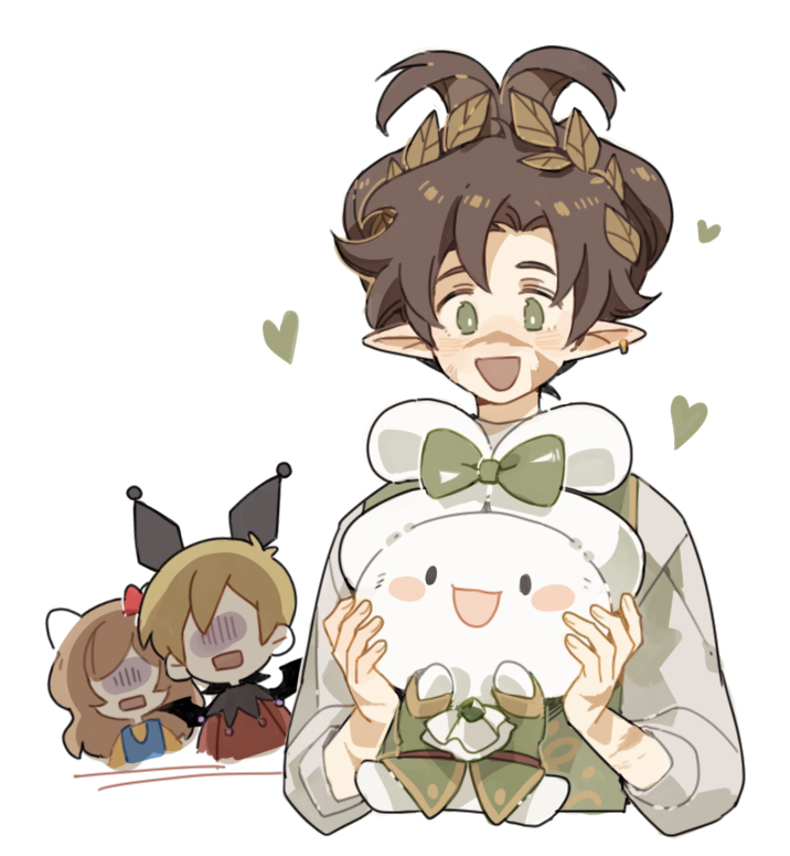 1girl 2boys animal animal_ears bat_wings blush_stickers bow brown_hair cinnamiku_hairstyle cinnamoroll clothed_animal commentary cosplay crossover elf english_commentary fake_animal_ears fuwa_fuwa_cinnamoroll goodtimeswithscar goodtimeswithscar_(cosplay) goodtimeswithscar_(elvish) green_eyes grian_(youtuber) hair_bow hello_kitty hello_kitty_(character) hello_kitty_(character)_(cosplay) hermitcraft holding holding_animal kuromi kuromi_(cosplay) laurel_crown long_hair luminous_slime matching_outfits minecraft_youtube multiple_boys no_eyes official_alternate_costume onegai_my_melody open_mouth pearlescentmoon pointy_ears sanrio scar short_hair simple_background tied_ears white_background white_dog wings