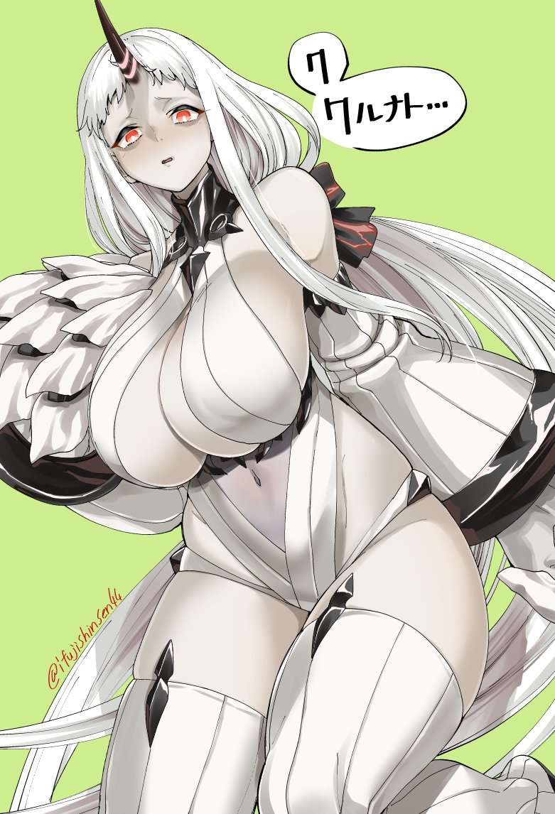 1girl abyssal_ship bare_shoulders breasts claws detached_sleeves green_background horns ifuji_shinsen kantai_collection kneeling large_breasts leotard long_hair looking_at_viewer navel pale_skin parted_lips red_eyes ribbed_thighhighs seaport_princess single_horn solo striped_clothes striped_thighhighs thighhighs translation_request twitter_username very_long_hair white_hair white_leotard white_thighhighs