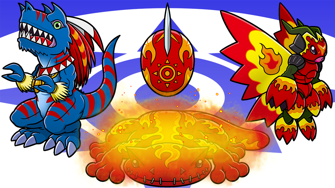 allomon artist_request bug crests_(digimon) digimon digimon_(creature) digitama dinosaur egg fiery_aura no_humans official_art salamandamon salamander shadramon stitched_mouth stitches wings