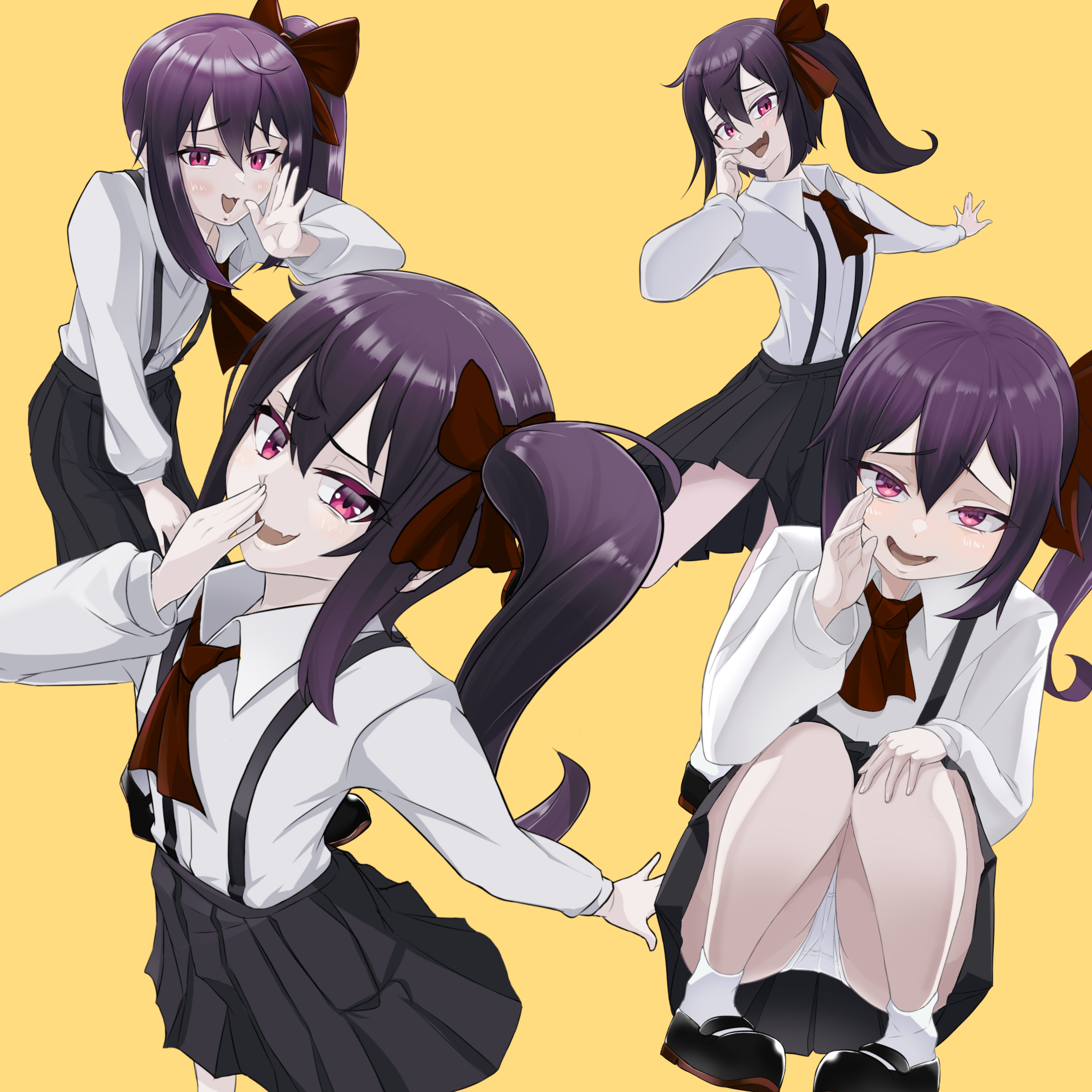 1girl ascot black_footwear black_skirt blush bow brown_ascot brown_bow collared_shirt commentary_request cookie_(touhou) fang flat_chest full_body hair_between_eyes hair_bow high_side_ponytail highres long_hair looking_at_viewer mary_janes multiple_views open_mouth panties pink_eyes pleated_skirt purple_hair shirt shoes simple_background siyudi_(cookie) skin_fang skirt smile socks squatting suisyu_chouman_chawan_no_kakera suspender_skirt suspenders underwear white_panties white_shirt white_socks yellow_background