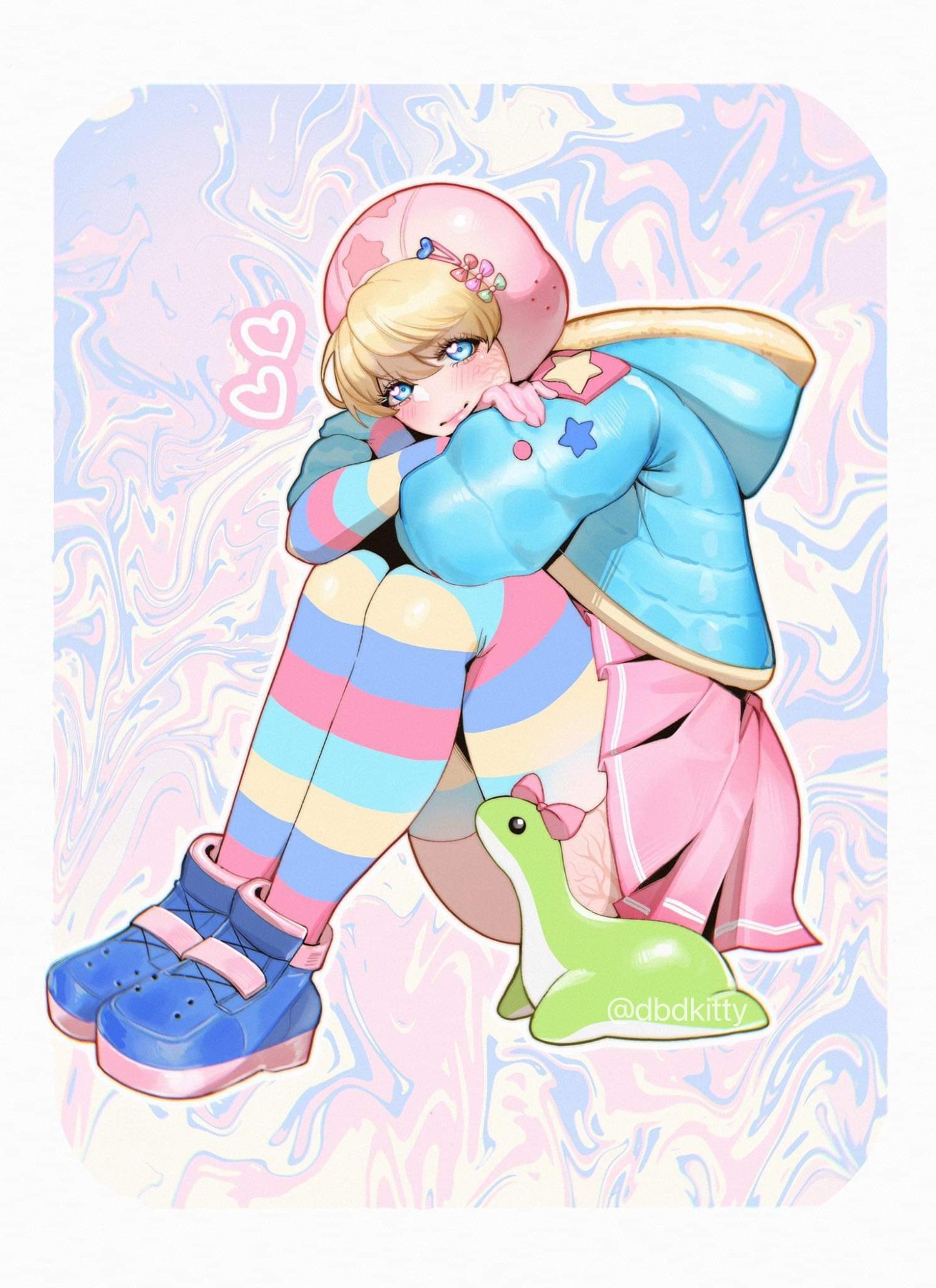 1girl apex_legends blue_bow blue_footwear blue_jacket blush bow commentary crossed_arms english_commentary heart highres hood hood_down hooded_jacket jacket kawaii_voltage_wattson kitty_keihara looking_at_viewer nessie_(respawn) pink_bow pink_skirt red_bow skirt smile solo striped_clothes striped_thighhighs stuffed_toy thighhighs twitter_username wattson_(apex_legends) yume_kawaii