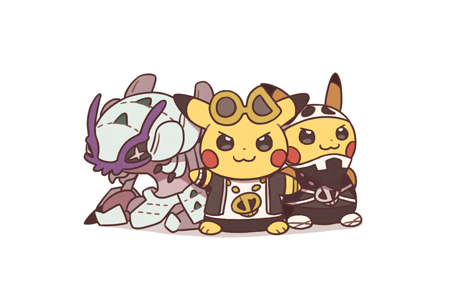 :3 closed_mouth commentary cosplay eyewear_on_head gen_1_pokemon gen_7_pokemon golisopod guzma_(pokemon) guzma_(pokemon)_(cosplay) jacket jewelry necklace nintendo no_humans open_clothes open_jacket pikachu pokemon pokemon_(creature) pokemon_sm shirt short_sleeves simple_background smile ssalbulre standing sunglasses team_skull team_skull_grunt team_skull_grunt_(cosplay) toes white_background white_shirt yellow-framed_eyewear