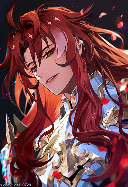 1boy ahoge argenti_(honkai:_star_rail) armor artist_name black_background breastplate commentary_request ear_piercing falling_petals gold_trim green_eyes hair_between_eyes hair_intakes honkai:_star_rail honkai_(series) korean_commentary long_hair looking_at_viewer male_focus multicolored_hair np_(1231_0720) parted_bangs parted_lips pauldrons petals piercing red_hair rose_petals shoulder_armor sidelocks simple_background smile solo sparkle twitter_username upper_body watermark web_address white_hair