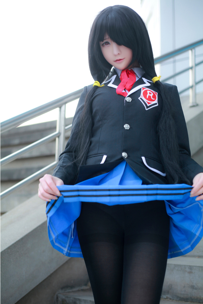 1girl artist_request asian black_hair black_pantyhose blazer blue_skirt blurry clothes_lift color_contacts cosplay date_a_live depth_of_field female_focus flashing hair_over_one_eye jacket lifting_own_clothes long_hair looking_at_viewer miniskirt panties panties_under_pantyhose pantyhose photo_(medium) pleated_skirt red_eyes school_uniform skirt skirt_lift solo stairs standing thighband_pantyhose tokisaki_kurumi tokisaki_kurumi_(cosplay) twintails underwear
