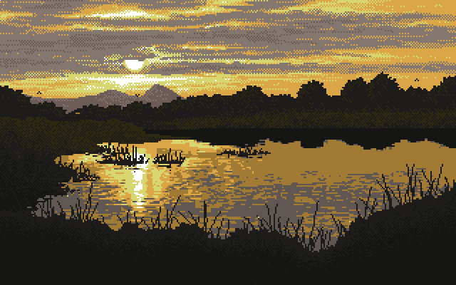 anas_abdin animated animated_gif cloud cloudy_sky commentary english_commentary fireflies flare grass hill landscape lens_flare looping_animation no_humans original outdoors pond reflection scenery simple_bird sky sun sunrise tree water yellow_sky