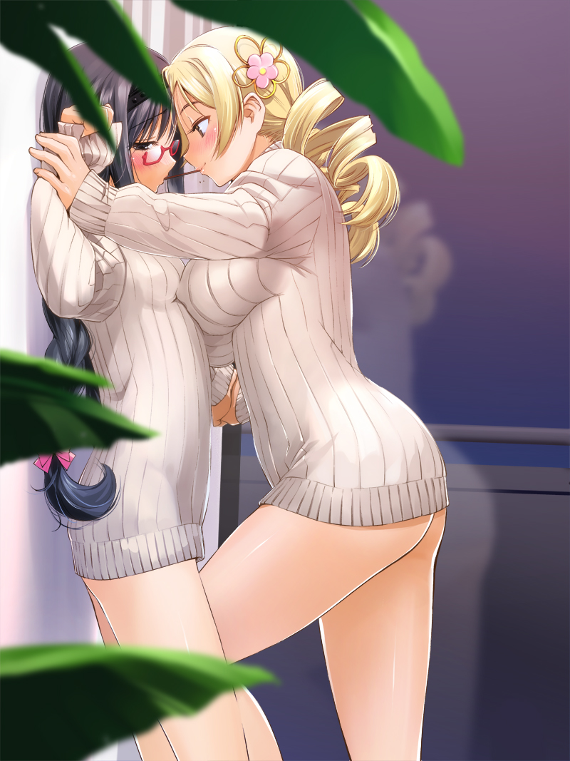10s 2girls akemi_homura arm_grab ass black_hair blonde_hair blush bottomless braid breasts couple drill_hair face-to-face flat_ass food glasses hair_ornament hair_ribbon hairband kabedon large_breasts leg_between_thighs looking_at_another mahou_shoujo_madoka_magica mahou_shoujo_madoka_magica_(anime) multiple_girls naked_sweater no_pants pocky purple_eyes red-framed_eyewear ribbed_sweater ribbon sasayuki sweat sweater tomoe_mami twin_braids window yellow_eyes yuri