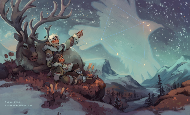 1boy 1girl animal blush boots child coat constellation elk flower foliage fur_trim grass long_sleeves mountain mountainous_horizon night night_sky original outdoors pants pointing river sarah_webb scarf scenery short_hair sitting sky smile snow star_(sky) tree white_hair winter winter_clothes winter_coat
