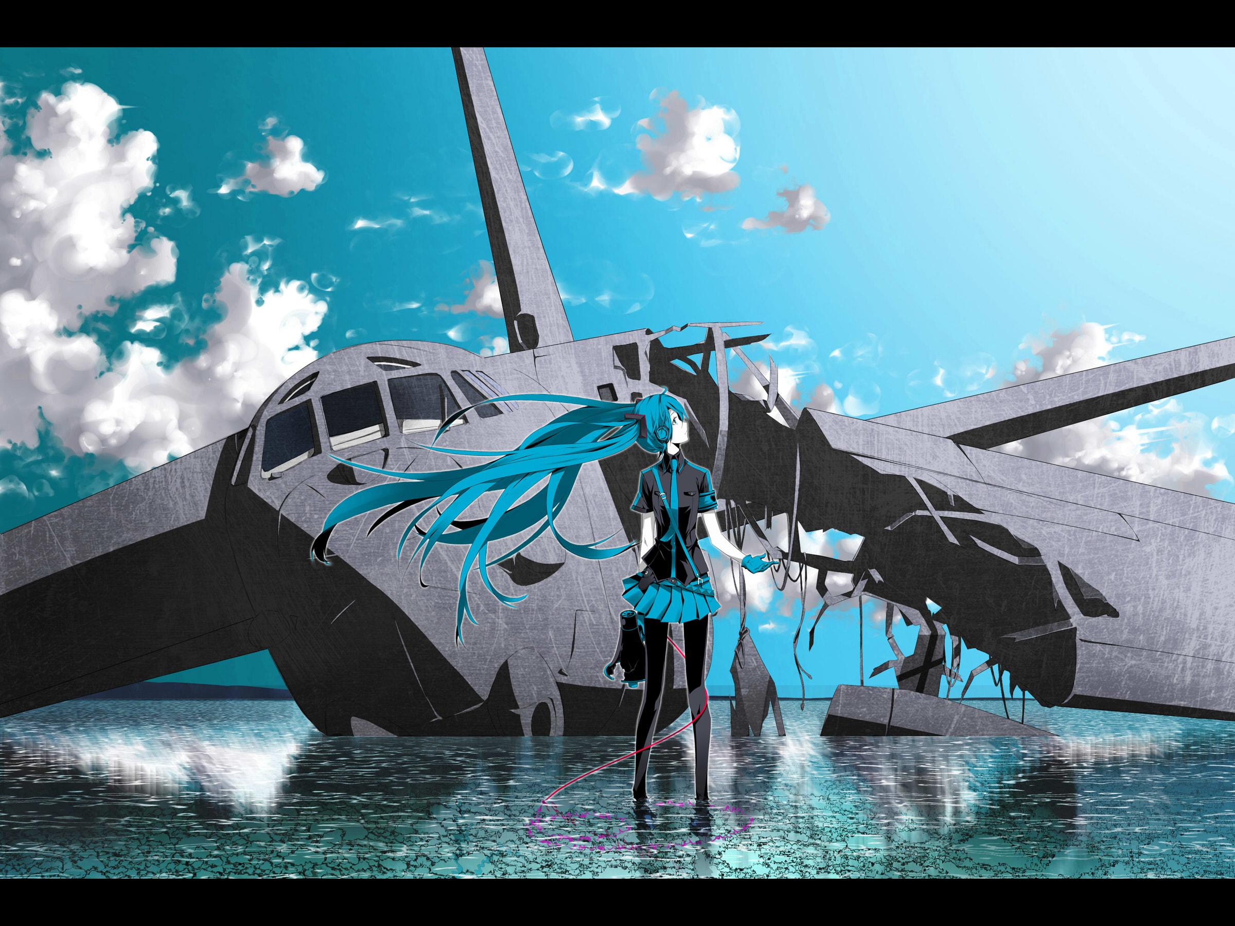1girl aircraft airplane aqua_eyes b-52_stratofortress bomber cable female_focus gloves hatsune_miku headphones heavy_bomber highres irena koi_wa_sensou_(vocaloid) letterboxed long_hair megaphone military military_vehicle outdoors pantyhose penetrator_(aircraft) reflection ruins skirt sky solo strategic_bomber twintails very_long_hair vocaloid wading water