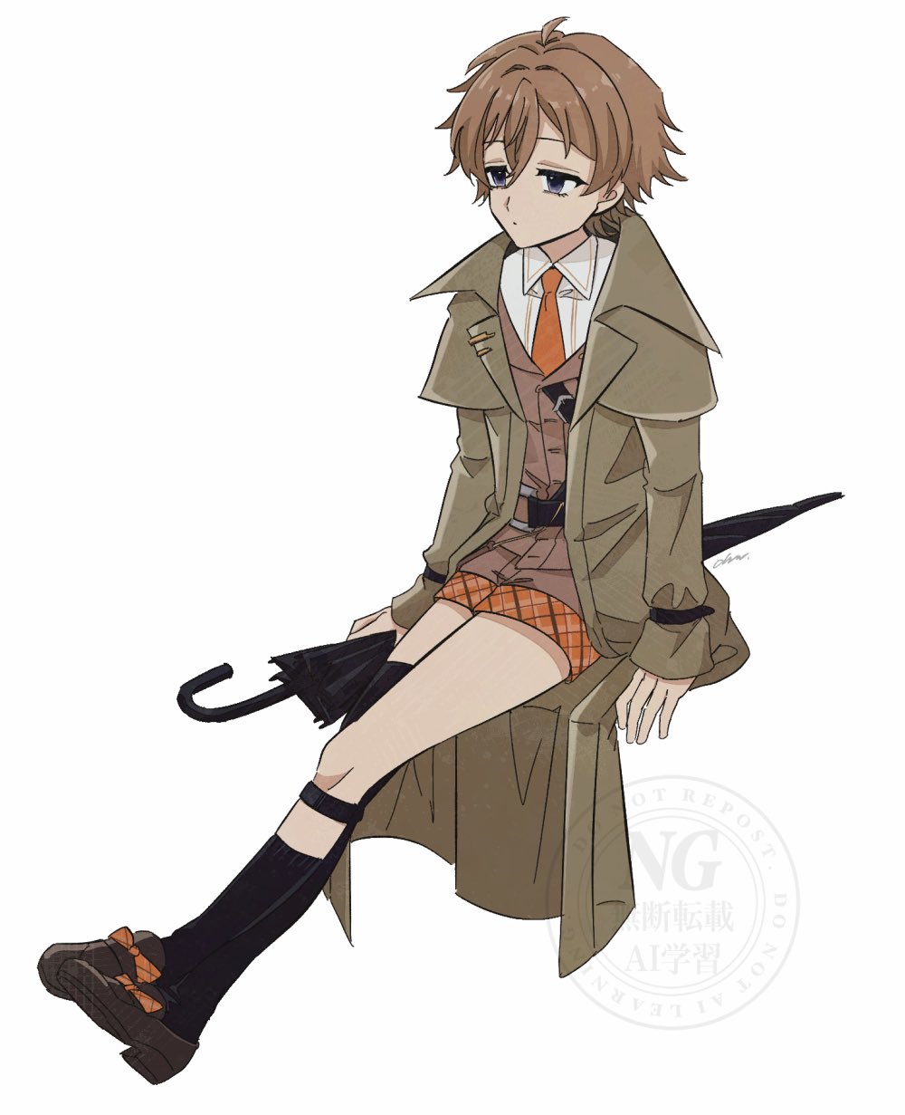 1boy arm_support asymmetrical_legwear black_socks black_thighhighs black_umbrella brown_hair brown_shoes brown_shorts brown_vest closed_umbrella coat collared_shirt crossed_ankles full_body grey_coat highres invisible_chair male_focus necktie ohuman oliver_fog orange_necktie reverse:1999 shirt shoes short_hair shorts single_sock single_thighhigh sitting socks solo thighhighs umbrella uneven_legwear vest watermark white_background white_shirt