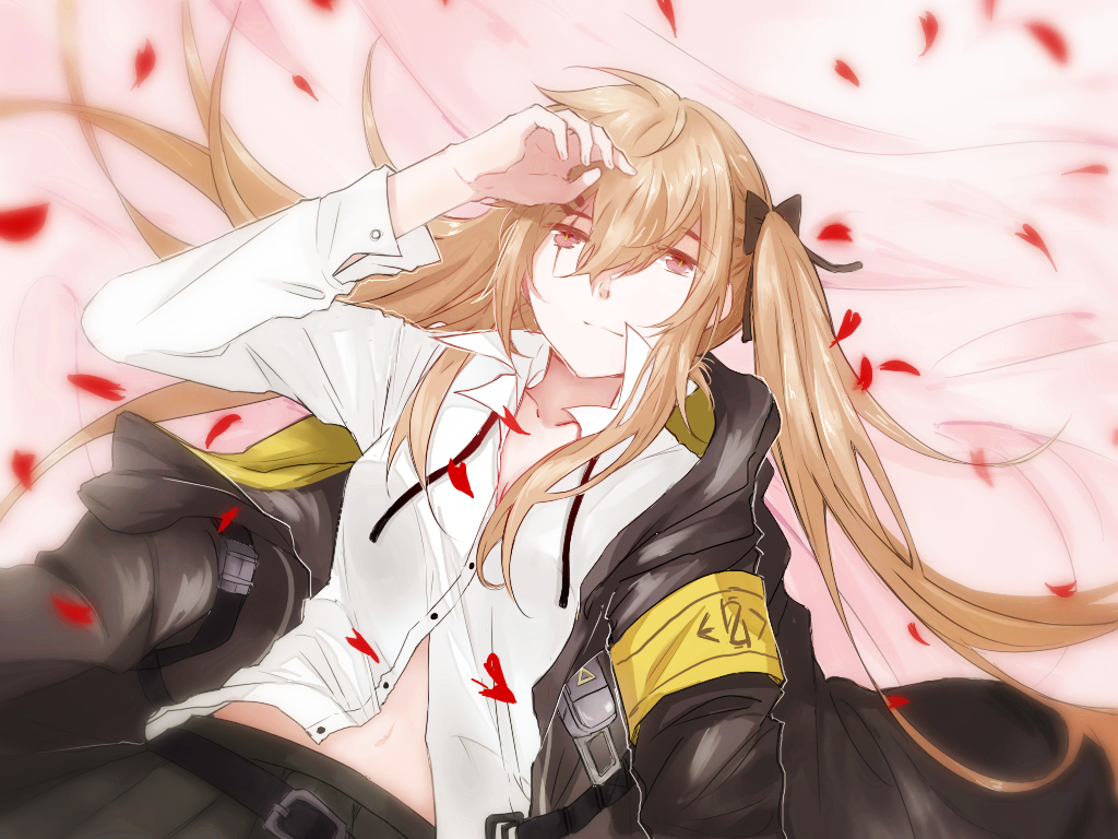 1girl armband belt brown_eyes collarbone collared_shirt cowboy_shot daikon_daikon dutch_angle female_focus girls&#039;_frontline hair_spread_out jacket jacket_partially_removed light_brown_hair light_smile long_hair long_sleeves looking_at_viewer lying midriff navel on_back partially_unbuttoned petals popped_collar red_eyes scar scar_across_eye scar_on_face shirt skirt solo twintails ump9_(girls&#039;_frontline) white_shirt