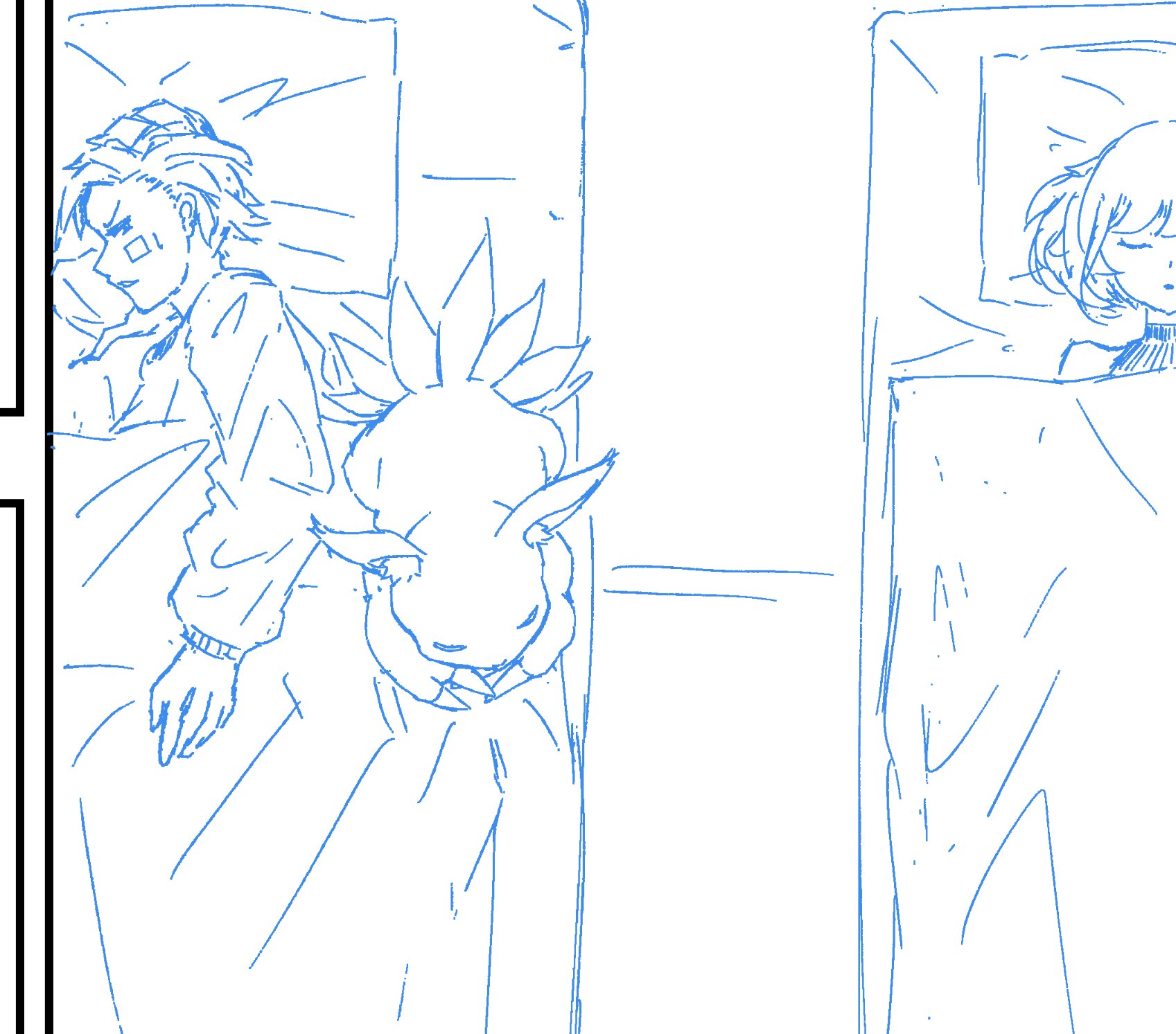 1boy 1girl digimon digimon_(creature) digimon_paradox elecmon eve_(digimon) highres looking_at_another pajamas shinonome_reiji sleeping