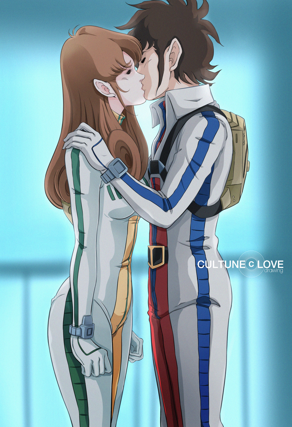 1980s_(style) 1boy 1girl alien backpack bag black_hair bodysuit brown_hair choujikuu_yousai_macross closed_eyes commentary_request couple gloves hayase_misa hetero highres ichijou_hikaru kiss lisa_hayes long_hair macross mullet official_style oldschool pilot_suit retro_artstyle rick_hunter robotech science_fiction sideburns spacecraft_interior spacesuit spoilers waeba_yuusee