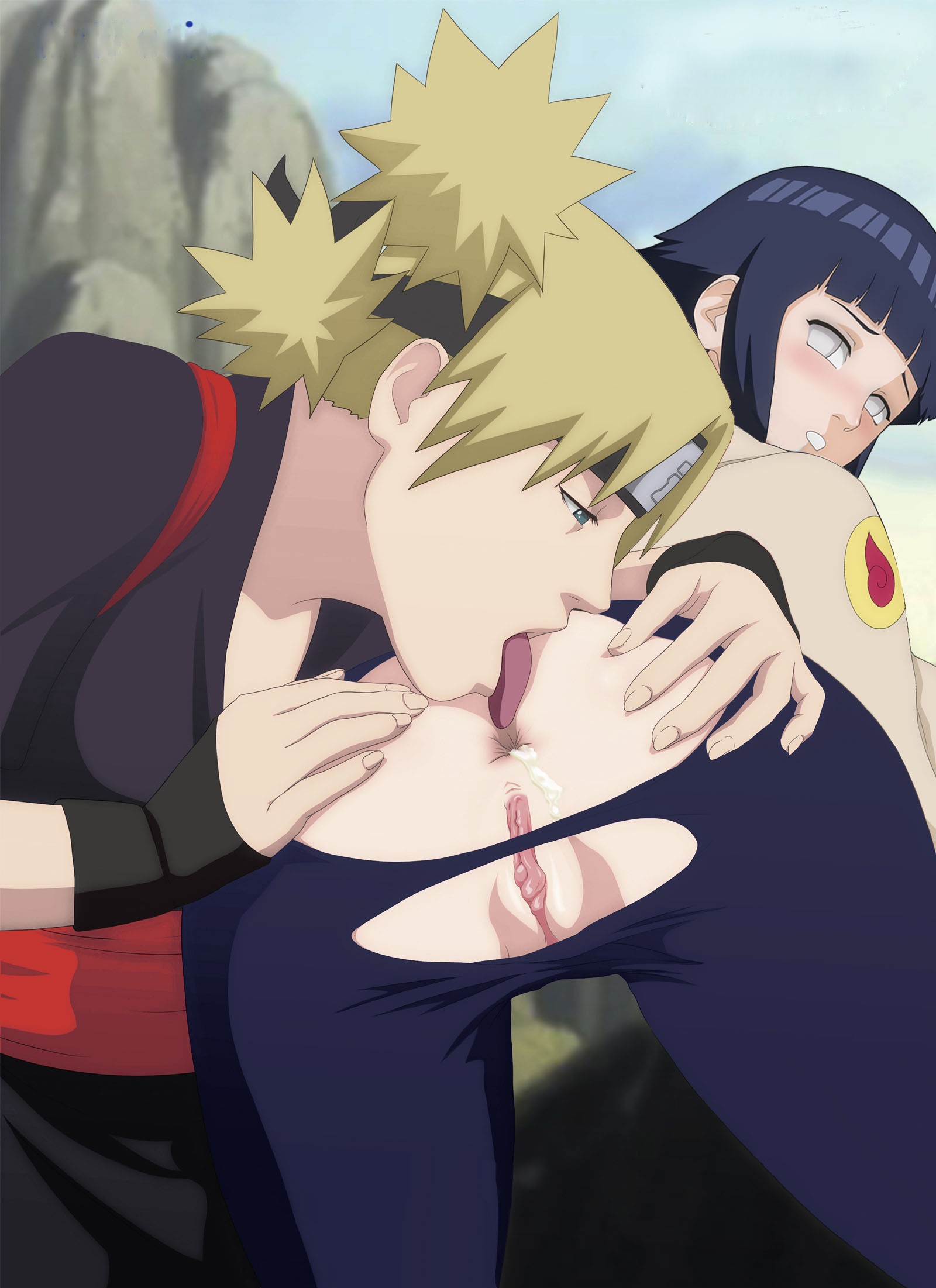 hyuuga hinata, temari (naruto), naruto (classic), naruto (series), highres,  2girls, anilingus, anus, ass, black headband, blonde hair, blue hair, blue  sky, blush, crotchless, crotchless pants, cum, cum in ass, felching, female  focus,