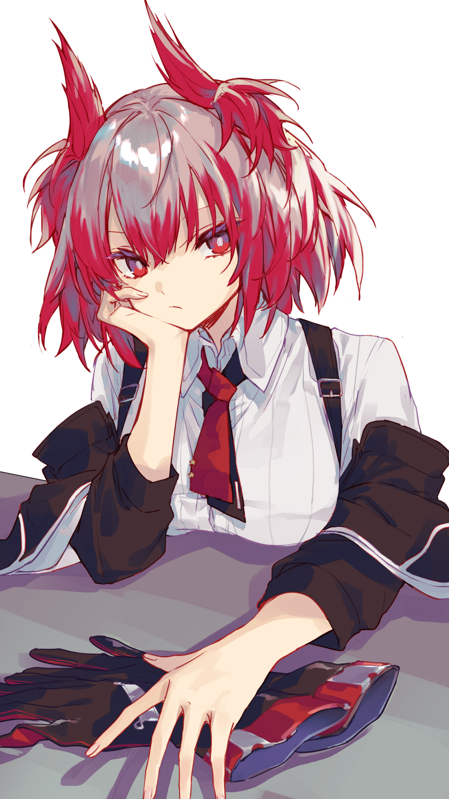 1girl arknights arm_support black_gloves black_jacket breast_rest breasts bright_pupils closed_mouth collared_shirt commentary fiammetta_(arknights) gameyaruzaurus gloves unworn_gloves hand_on_own_cheek hand_on_own_face highres jacket looking_at_viewer medium_hair off_shoulder red_eyes red_hair shirt three-quarter_sleeves solo suspenders white_background white_pupils white_shirt