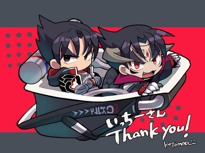 2boys black_eyes black_hair bloblobber_(splatoon) chibi chibi_only commission devil_jin dual_persona facial_mark fang forehead_mark kazama_jin kotorai looking_at_viewer male_focus multiple_boys nintendo open_mouth red_eyes skeb_commission splatoon_(series) tekken thank_you translation_request v-shaped_eyebrows