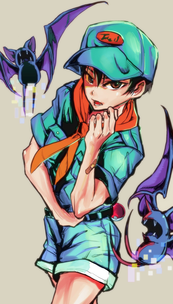 1boy bad_id bad_pixiv_id bandaid black_hair brown_eyes camper_(pokemon) commentary_request gen_1_pokemon hat looking_up male_focus nintendo npc_trainer open_mouth poke_ball poke_ball_(basic) pokemon pokemon_(creature) pokemon_oras shikine_hiroshi shorts yamabuki_ryuu zubat