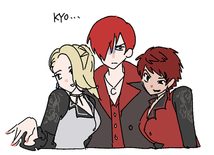 2girls 310 blonde_hair breasts brown_eyes brown_hair collar dress earrings female_focus formal_clothes jewelry large_breasts long_hair long_sleeves mature_(kof) medium_hair multiple_girls nail_polish po9046 red_hair short_hair smile suit the_king_of_fighters vice_(kof) yagami_iori