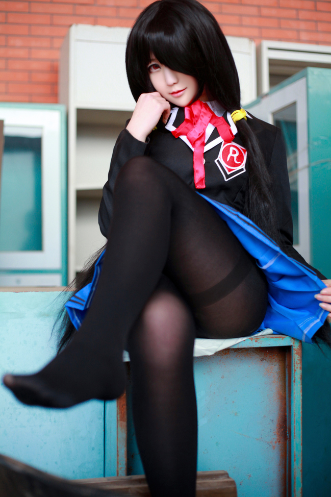 1girl artist_request asian black_hair black_pantyhose blazer blue_skirt blurry color_contacts cosplay crossed_legs date_a_live depth_of_field feet female_focus flashing hair_over_one_eye jacket long_hair looking_at_viewer makeup mascara miniskirt no_shoes pantyhose photo_(medium) pleated_skirt red_eyes school_uniform sitting skirt solo thighband_pantyhose tokisaki_kurumi tokisaki_kurumi_(cosplay) twintails
