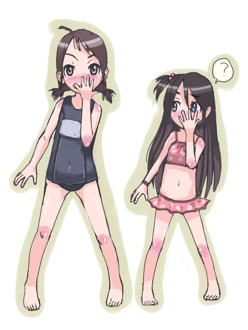 2girls 310 ? ahoge barefoot bikini black_one-piece_swimsuit blue_eyes brown_eyes brown_hair child hair_bobbles hair_ornament hand_on_own_face imitating jojo_no_kimyou_na_bouken jojo_pose long_hair multiple_girls one-piece_swimsuit original parody polka_dot polka_dot_bikini school_swimsuit short_twintails side_ponytail swimsuit twintails