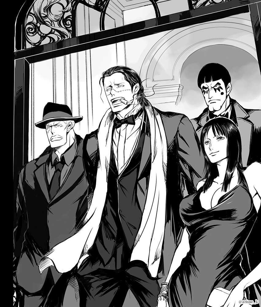 1girl 3boys arisue_kanako blunt_bangs bon_clay bow bowtie bracelet cigar closed_mouth collared_shirt crocodile_(one_piece) daz_bones dress formal_clothes greyscale hair_slicked_back hat jewelry looking_ahead makeup medium_hair monochrome multiple_boys nico_robin one_piece scarf shirt smile suit twitter_username