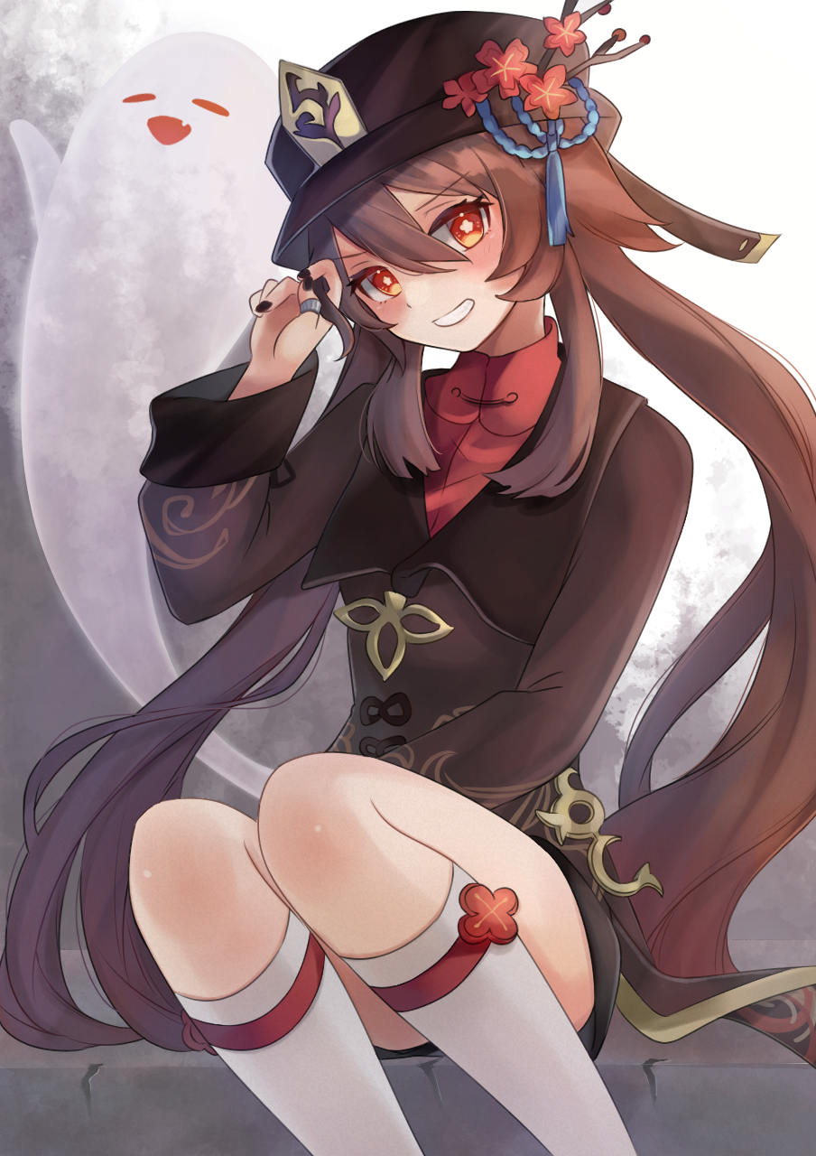 1girl 1other black_nails black_shorts blush boo_tao_(genshin_impact) brown_hair brown_hat brown_shirt engasaki_sakura flower flower-shaped_pupils genshin_impact ghost gradient_hair hair_between_eyes hat hat_flower highres hu_tao_(genshin_impact) long_hair long_sleeves looking_at_viewer multicolored_hair red_eyes red_flower red_hair shirt shorts smile symbol-shaped_pupils tassel teeth thighhighs very_long_hair white_thighhighs