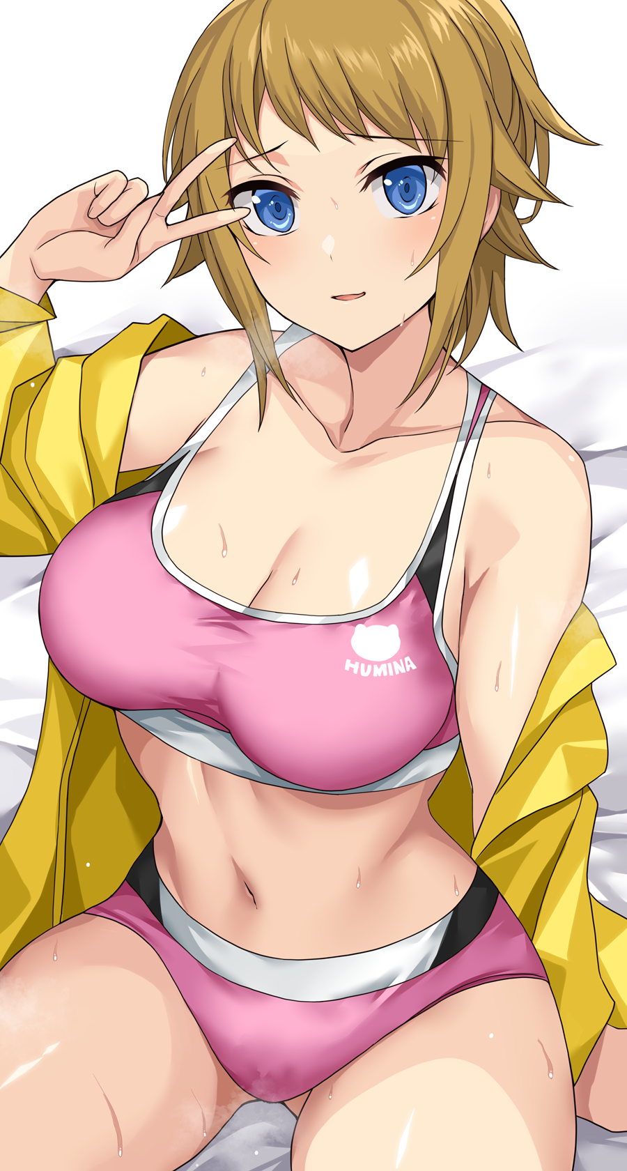 1girl arm_support bare_shoulders bed_sheet blue_eyes breasts brown_hair cleavage collarbone commentary_request cowboy_shot gundam gundam_build_fighters gundam_build_fighters_try highres hoshino_fumina jacket long_sleeves looking_at_viewer medium_breasts midriff navel nirowata off_shoulder parted_lips pink_sports_bra shadow short_hair sidelocks sitting solo sports_bikini sports_bra sweat v v_over_eye yellow_jacket