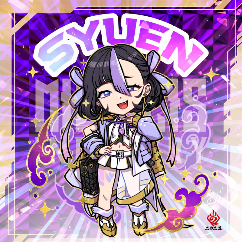 1girl black_hair chibi earrings fang goddess_of_victory:_nikke jacket jewelry kanchiyo leg_tattoo looking_at_viewer mole mole_under_eye multicolored_hair necktie open_mouth petite purple_eyes purple_hair purple_jacket purple_necktie purple_ribbon ribbon short_hair short_necktie skirt streaked_hair syuen_(nikke) tattoo triangle_earrings white_skirt