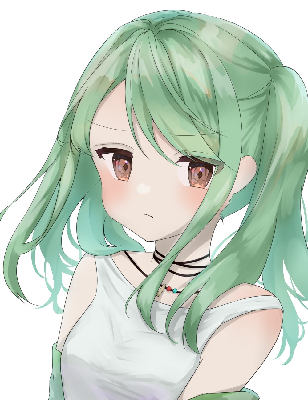 1girl alternate_hairstyle blush closed_mouth green_hair green_shawl highres jewelry kamimura_(moz29258939) kitaooji_karen light_frown looking_at_viewer making_lovers orange_eyes parted_bangs pendant shawl shirt simple_background solo twintails white_background white_shirt