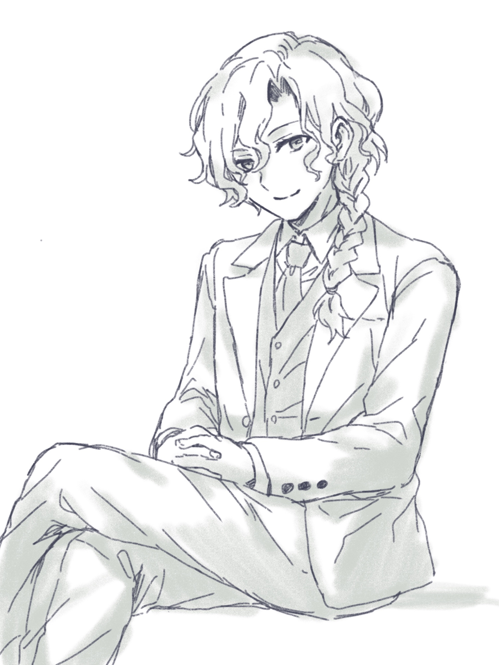 1boy braid closed_mouth collared_shirt crossed_legs eyebrows_hidden_by_hair fate/grand_order fate_(series) feet_out_of_frame formal_clothes greyscale hair_between_eyes hair_over_shoulder highres interlocked_fingers jacket long_sleeves male_focus marisbury_animusphere monochrome necktie open_clothes open_jacket own_hands_together pants shadow shirt single_braid sitting smile solo suit tachitsu_teto vest white_background