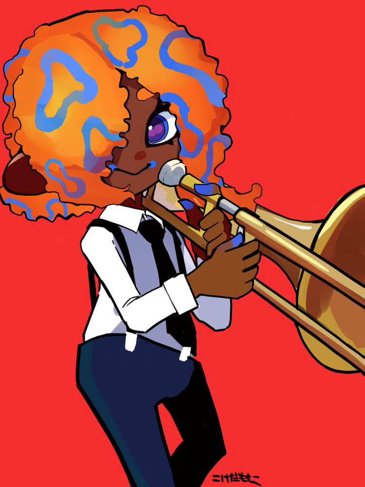 105custom 1girl black_necktie black_pants black_suspenders cephalopod_eyes collared_shirt dark-skinned_female dark_skin feet_out_of_frame hair_over_one_eye holding holding_instrument holding_trombone instrument looking_at_viewer necktie nintendo pants patterned_hair purple_eyes red_background shirt simple_background smile solo splatoon_(series) splatoon_3 suspenders tao_blu tentacle_hair trombone white_shirt