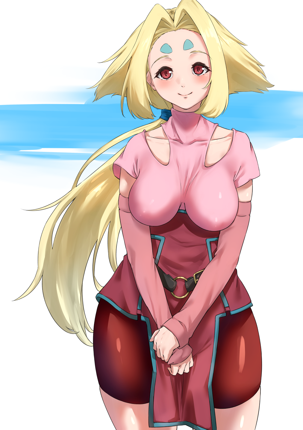 1girl bad_id bad_pixiv_id belt blonde_hair breasts facial_mark fiona_(zoids) forehead_mark hair_intakes highres huuuna large_breasts long_hair ponytail puffy_nipples red_eyes ribbon simple_background smile solo very_long_hair zoids zoids_chaotic_century