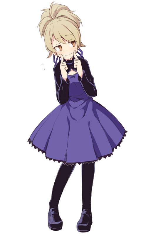 1girl alternate_hairstyle black_pantyhose black_shoes blush brown_eyes brown_hair closed_mouth cosplay darker_than_black dress fingersmile flying_sweatdrops full_body hands_up idolmaster idolmaster_cinderella_girls leaning_to_the_side loafers long_sleeves morikubo_nono pantyhose pleated_dress purple_dress shoes simple_background smile solo standing sweat uccow white_background yin_(darker_than_black) yin_(darker_than_black)_(cosplay)