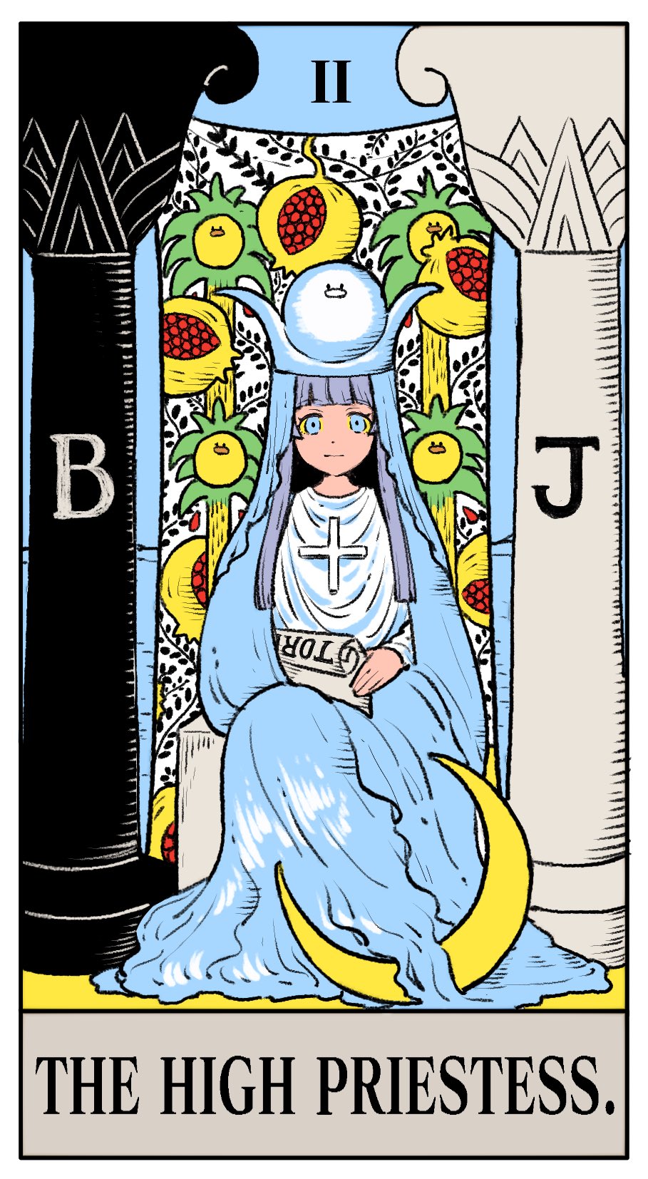 1girl black_vs_white blue_eyes blue_robe blunt_bangs border card_(medium) closed_mouth colored_sclera commentary_request crescent cross cross_necklace crown english_text expressionless food fruit full_body grey_hair highres holding holding_scroll jewelry long_hair long_sleeves looking_at_viewer mochi_hiyoko mochipro necklace ohitori_(o_hitori_sama_1) pillar pomegranate robe scroll shirt sitting solo tarot tarot_(medium) the_high_priestess_(tarot) veil virtual_youtuber white_border white_shirt yellow_sclera