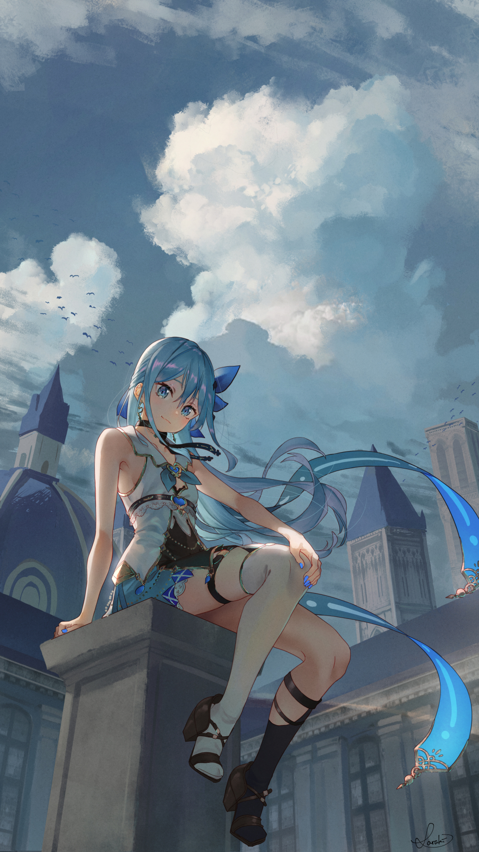 1girl asymmetrical_legwear bare_shoulders black_choker blue_eyes blue_hair bow choker closed_mouth hair_bow highres looking_at_viewer saraki sitting solo thigh_strap thighhighs tower white_thighhighs