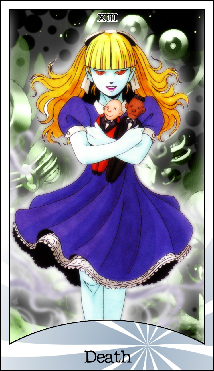 1girl alice_(megami_tensei) atlus bald belial belial_(megami_tensei) blonde_hair blue_dress blue_skin child colored_skin dark_skin dark-skinned_male doll dress highres long_hair nebiros nebiros_(megami_tensei) persona persona_3 red_eyes shin_megami_tensei short_hair smile tarot wavy_mouth x_x