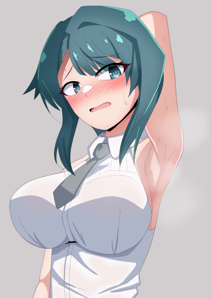1girl aizawa_kazuha arm_at_side arm_behind_head arm_up armpits assault_lily asymmetrical_hair bare_arms bare_shoulders black_necktie blue_eyes blue_hair blush breasts collared_shirt commentary_request embarrassed grey_background ishitsuma_canon large_breasts looking_at_viewer medium_hair necktie nose_blush official_alternate_costume parted_lips presenting_armpit raised_eyebrows shirt sideboob simple_background sleeveless sleeveless_shirt solo steaming_body sweat upper_body wet wet_clothes wet_shirt white_shirt