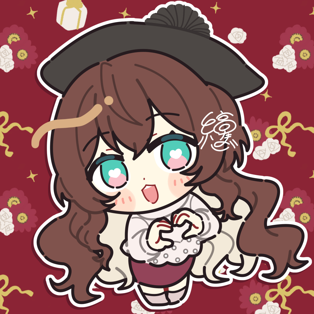 1girl aqua_eyes black_hat blonde_hair blush box brown_hair chibi christmas colored_inner_hair commentary dot_nose flower full_body gift gift_box hat heart heart-shaped_pupils heart_hands long_hair looking_at_viewer multicolored_hair open_mouth original red_background red_skirt shimatamago signature skirt solo sweater symbol-only_commentary symbol-shaped_pupils teeth two-tone_hair upper_teeth_only white_flower white_sweater