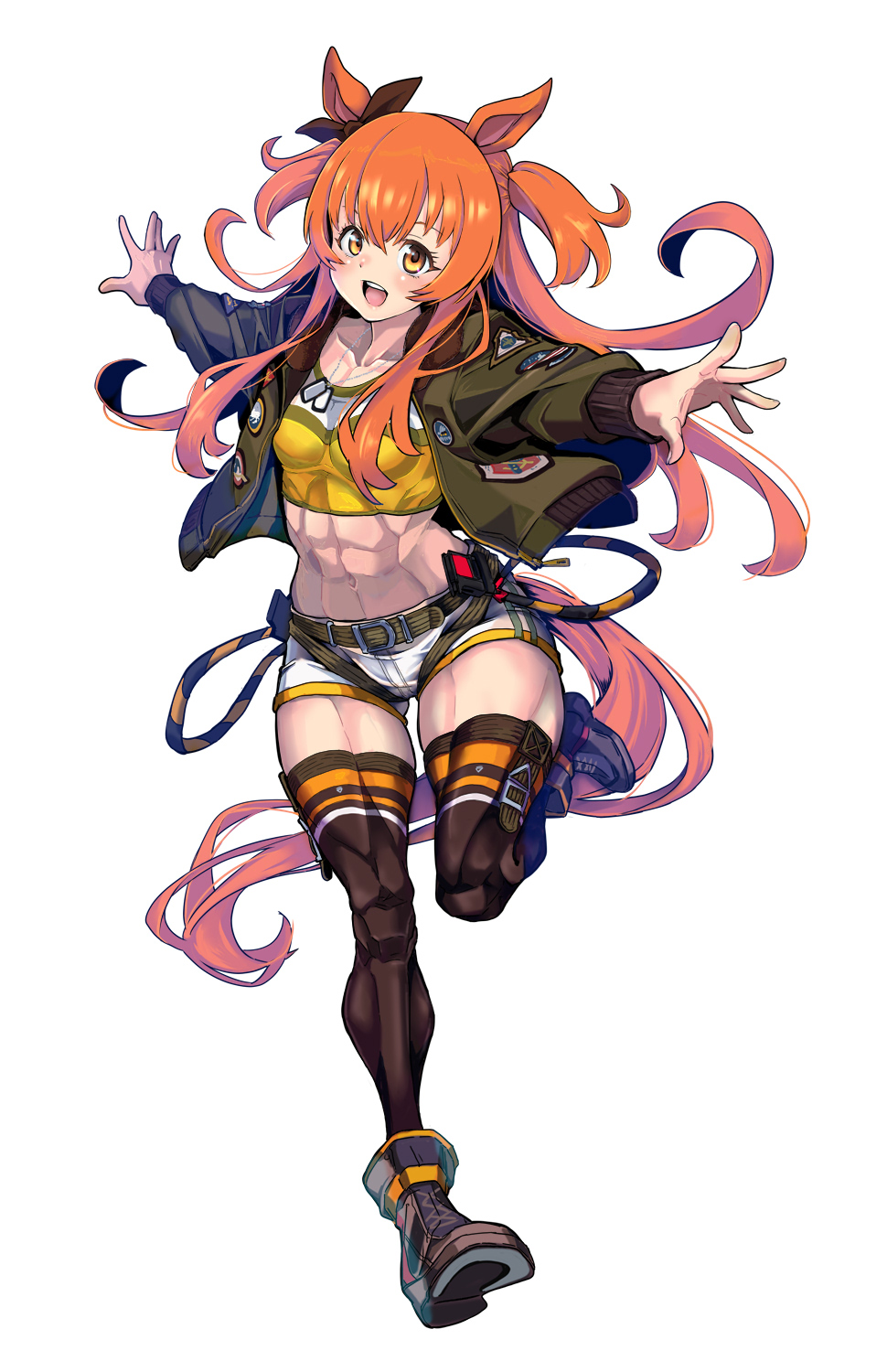1girl abs animal_ears belt black_boots black_bow black_thighhighs blush bomber_jacket boots bow breasts commentary_request crop_top ear_bow full_body fur-trimmed_jacket fur_trim hair_between_eyes harness highres horse_ears horse_girl horse_tail jacket jacket_partially_removed long_sleeves looking_at_viewer mayano_top_gun_(umamusume) midriff muscular muscular_female navel open_mouth orange_hair shorts simple_background small_breasts smile solo tail take_nii teeth thighhighs two_side_up umamusume upper_teeth_only white_background white_shorts