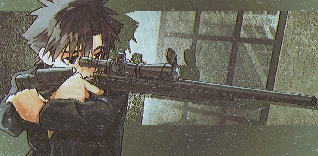 1boy aged_down aiming amemasu79 black_eyes black_hair black_jacket commentary_request emiya_kiritsugu fate/zero fate_(series) gun jacket looking_through_scope male_focus rifle solo upper_body weapon weapon_request