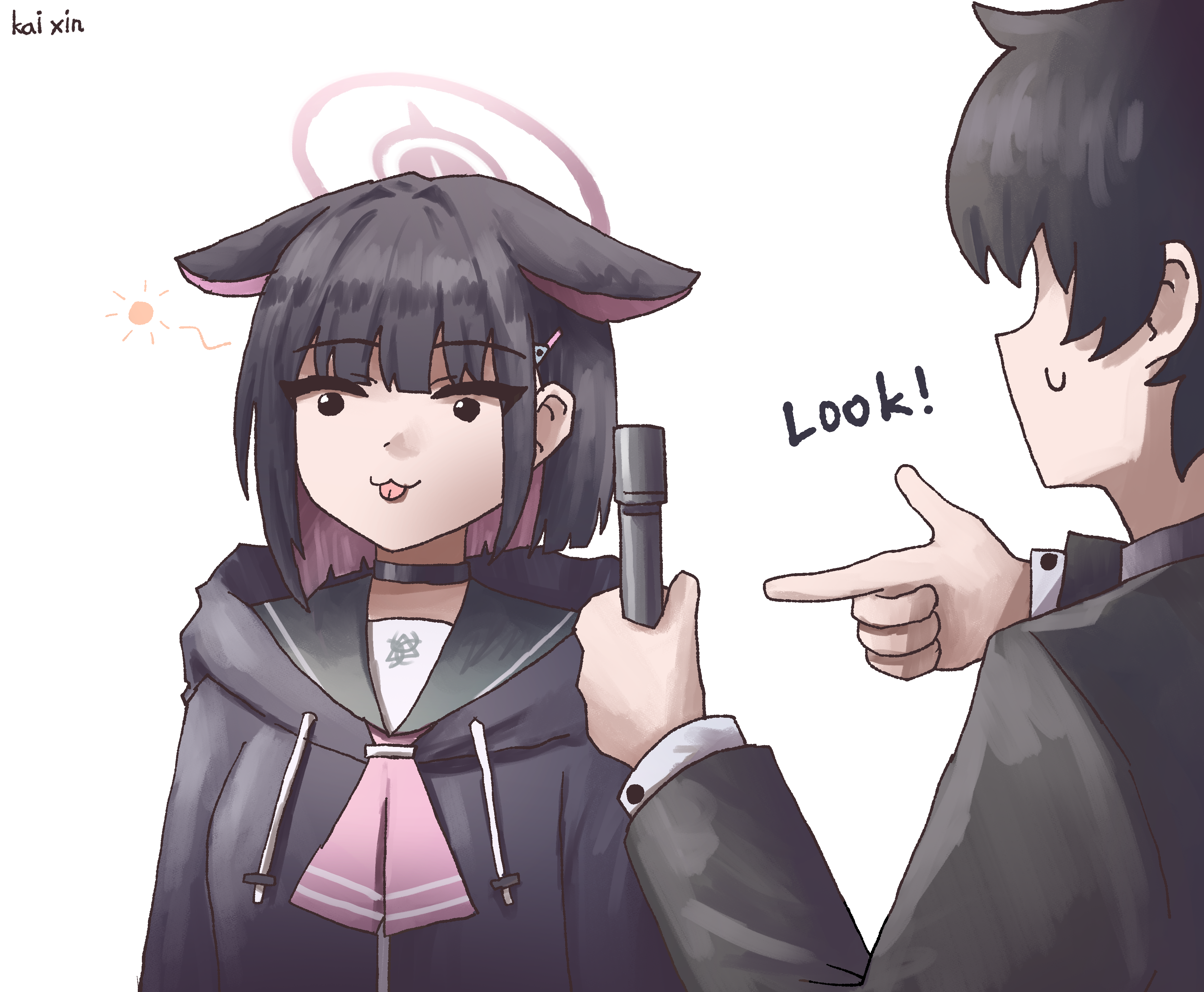 1boy 1girl :3 :p absurdres black_choker black_eyes black_hair black_jacket blue_archive blue_archive_the_animation blunt_bangs bob_cut business_suit buttons choker colored_inner_animal_ears colored_inner_hair commentary ears_down empty_eyes english_commentary english_text feral_instincts formal_clothes green_sailor_collar hair_ornament hairclip halo highres holding hood hooded_jacket jacket kai_xin kazusa_(blue_archive) long_sleeves looking_afar meme men_in_black multicolored_hair neckerchief neuralyzer pink_neckerchief pointing sailor_collar school_uniform sensei_(blue_archive) sensei_(blue_archive_the_animation) serafuku short_hair sidelocks simple_background suit tongue tongue_out two-tone_hair white_background