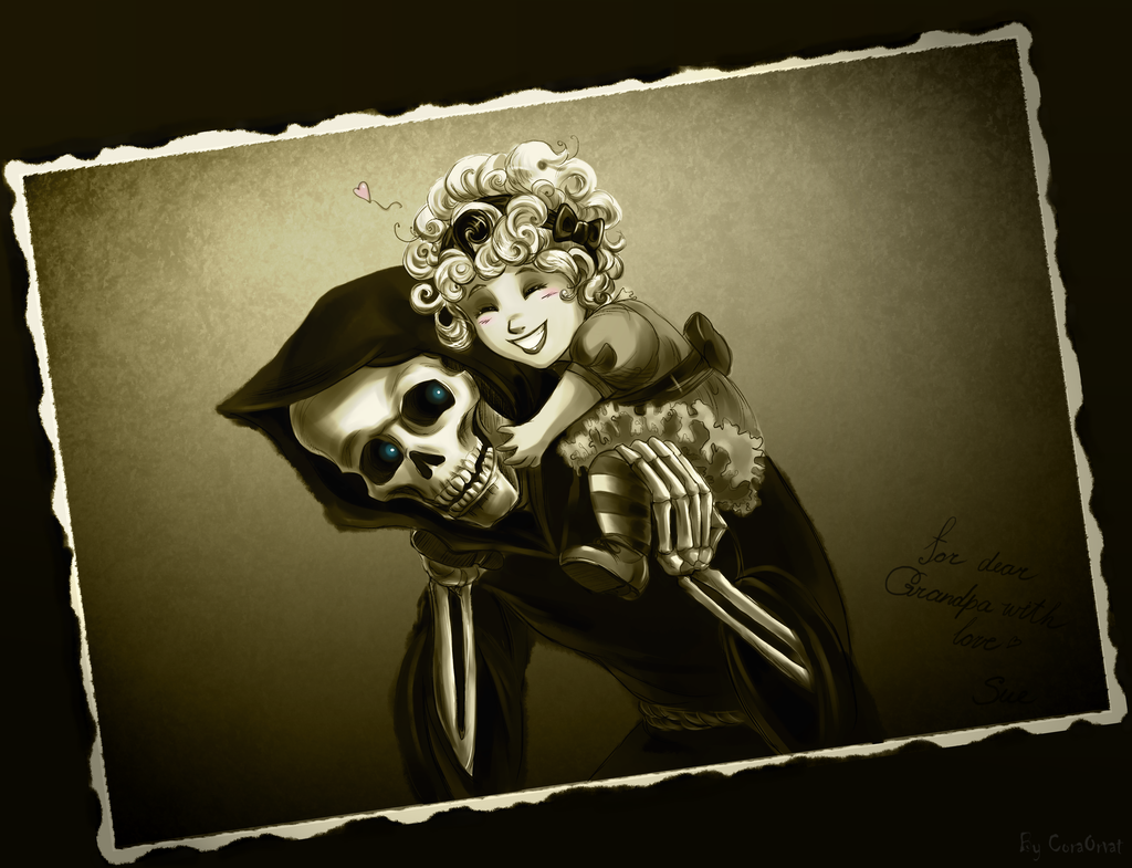 1girl black_hair blue_eyes bow cloak death_(discworld) discworld dress family multicolored_hair photo_(object) skeleton smile susan_sto_helit two-tone_hair white_hair